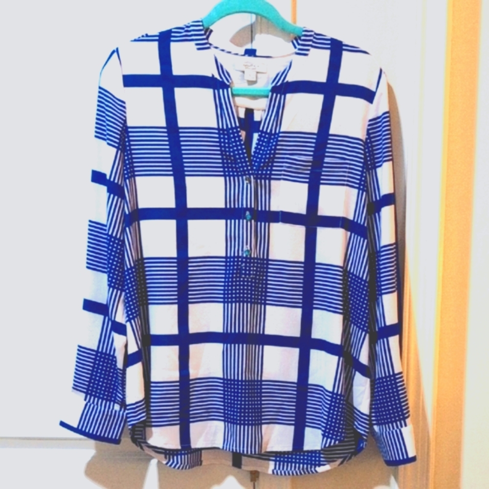 Nautica Blue and White Blouse with Mandarin Collar